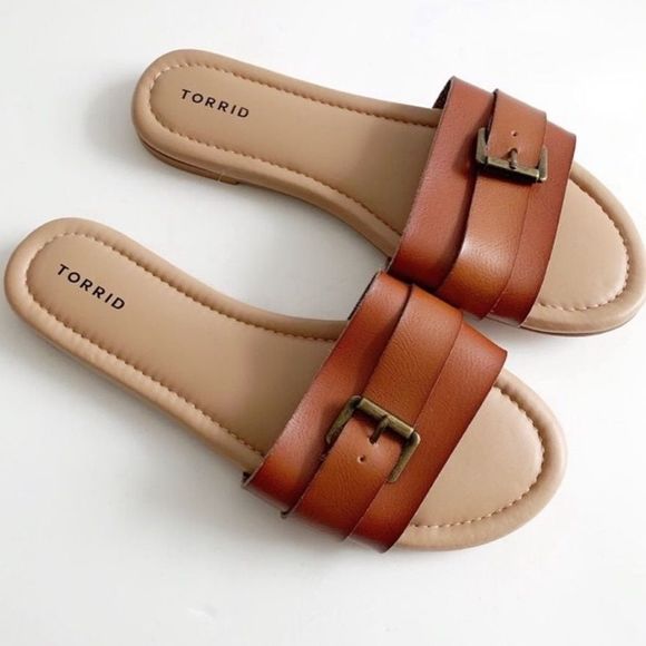torrid Shoes - Torrid slip on sandals cognac buckle front slides